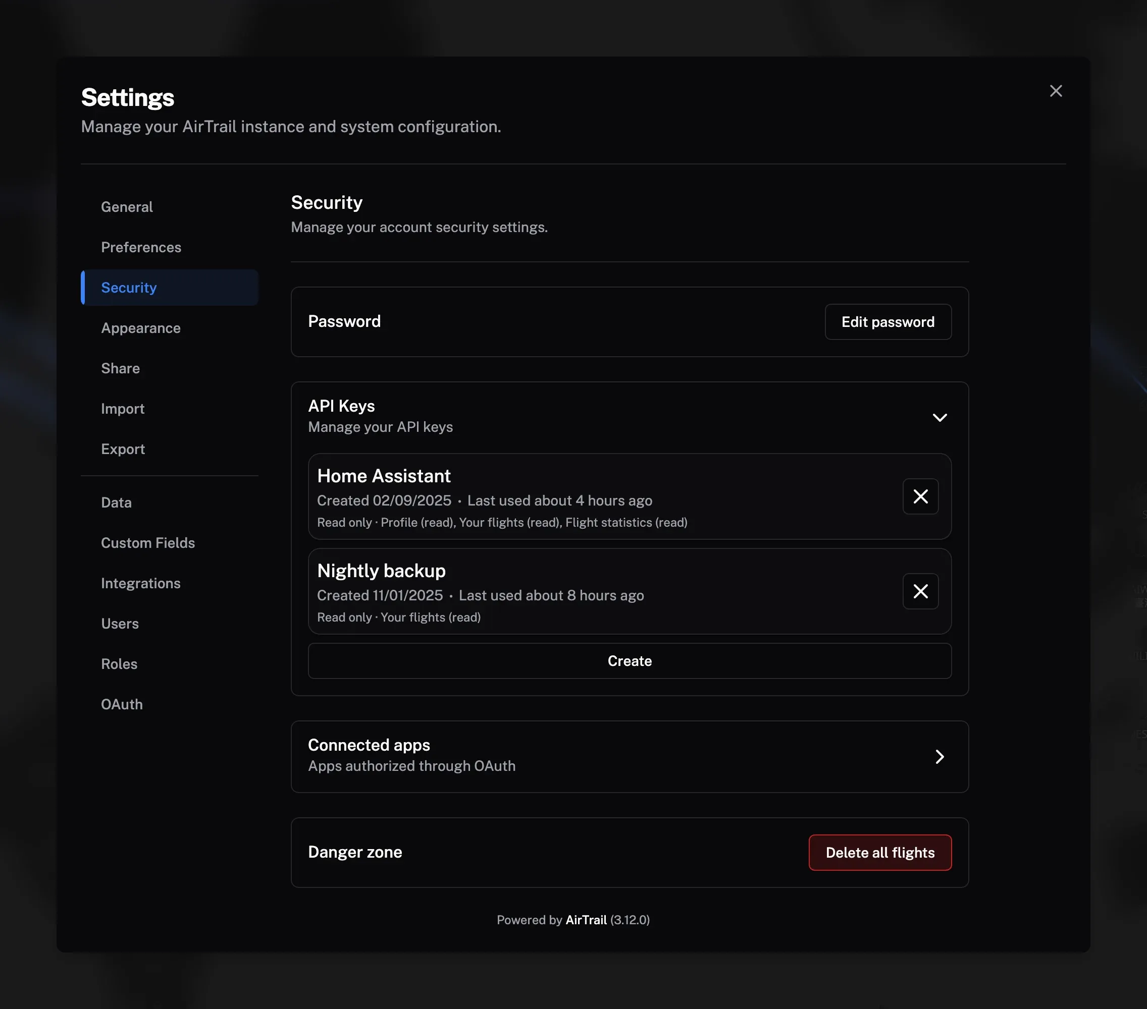 The Security settings with two API keys listed