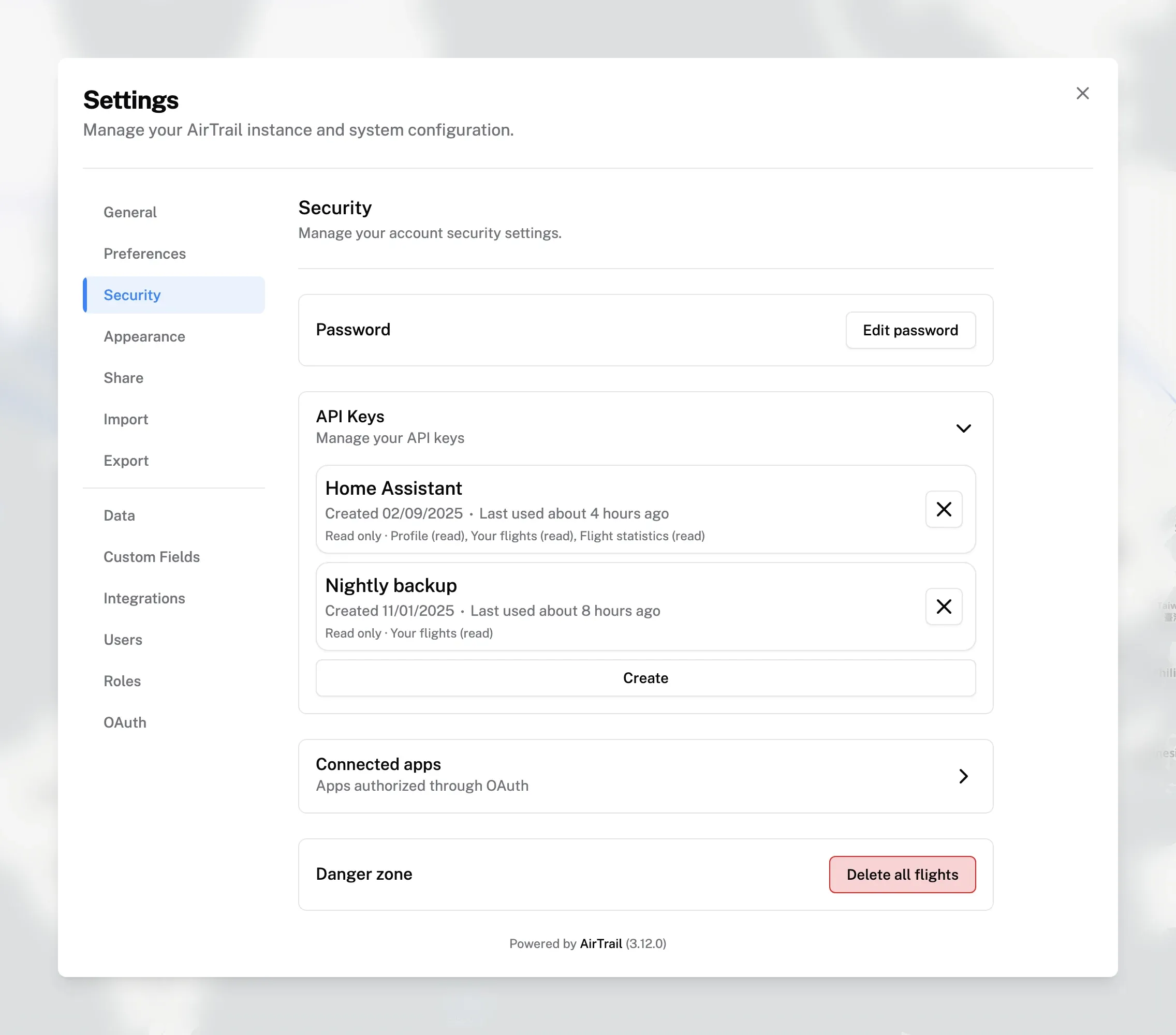 The Security settings with two API keys listed