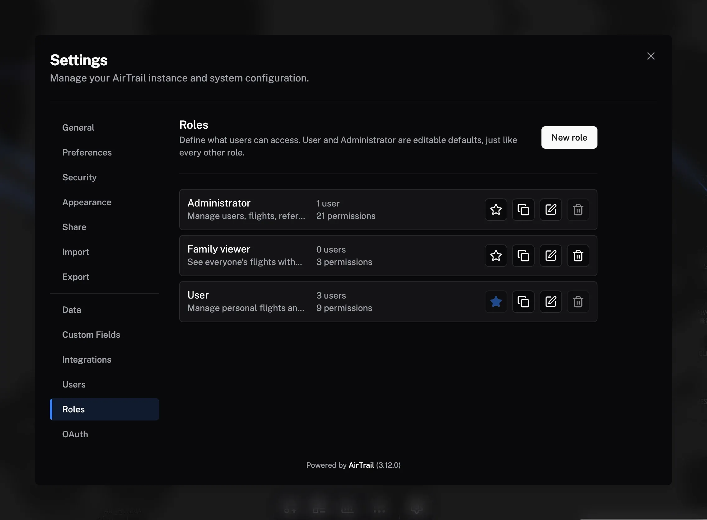The Roles settings listing the built-in roles and a custom Family viewer role