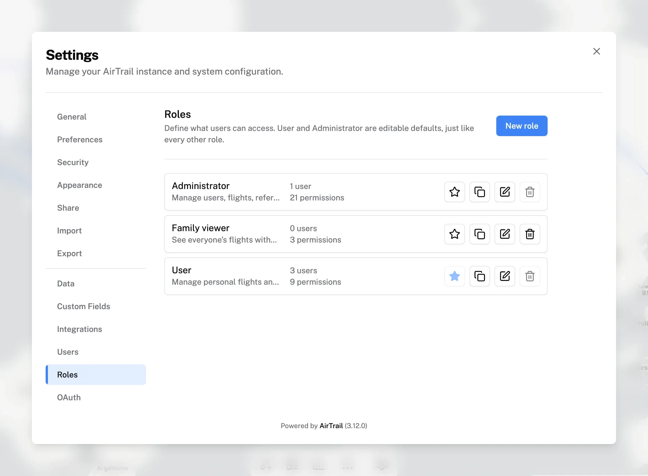 The Roles settings listing the built-in roles and a custom Family viewer role
