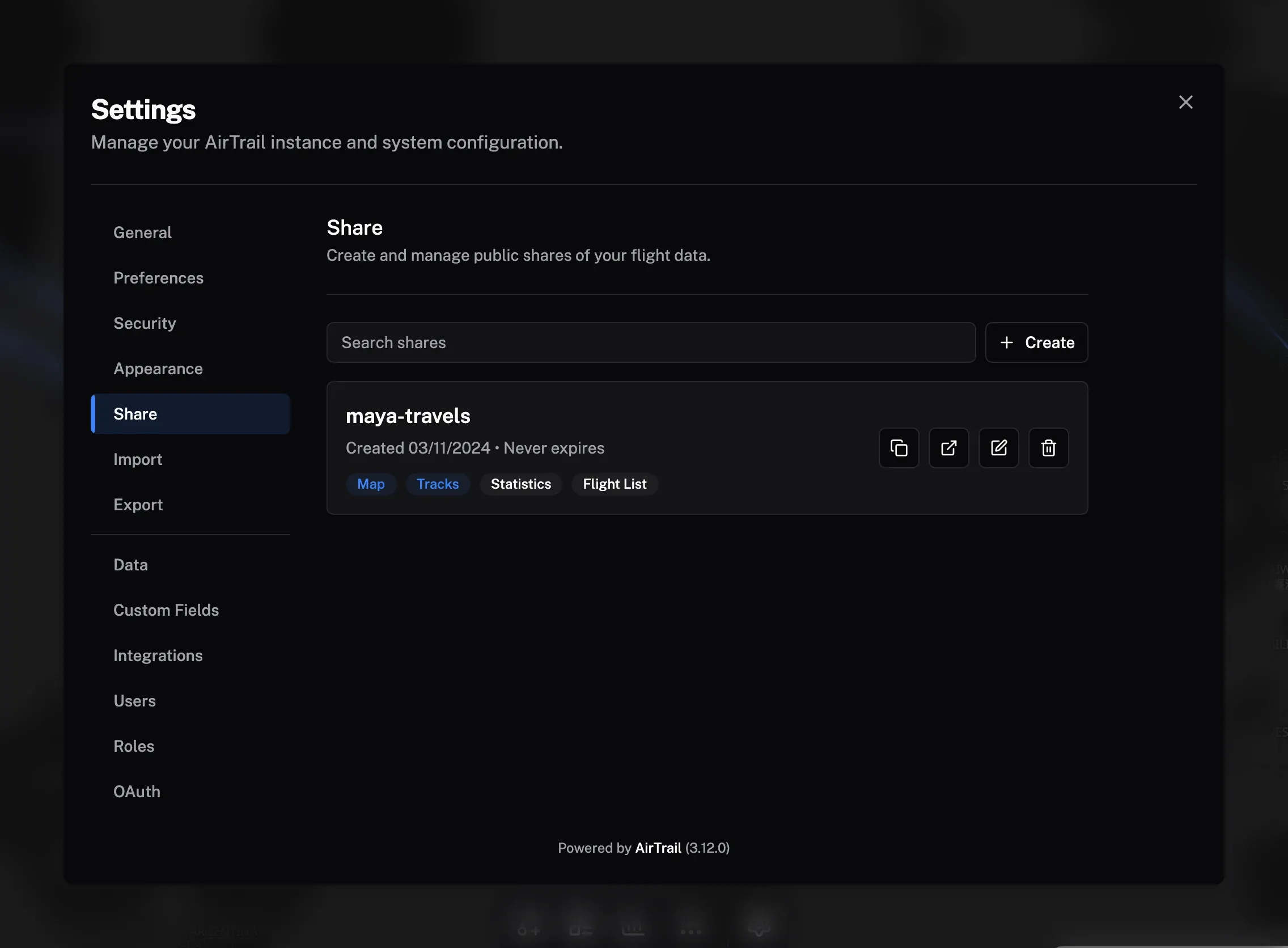 The Share settings page listing one share with its enabled content