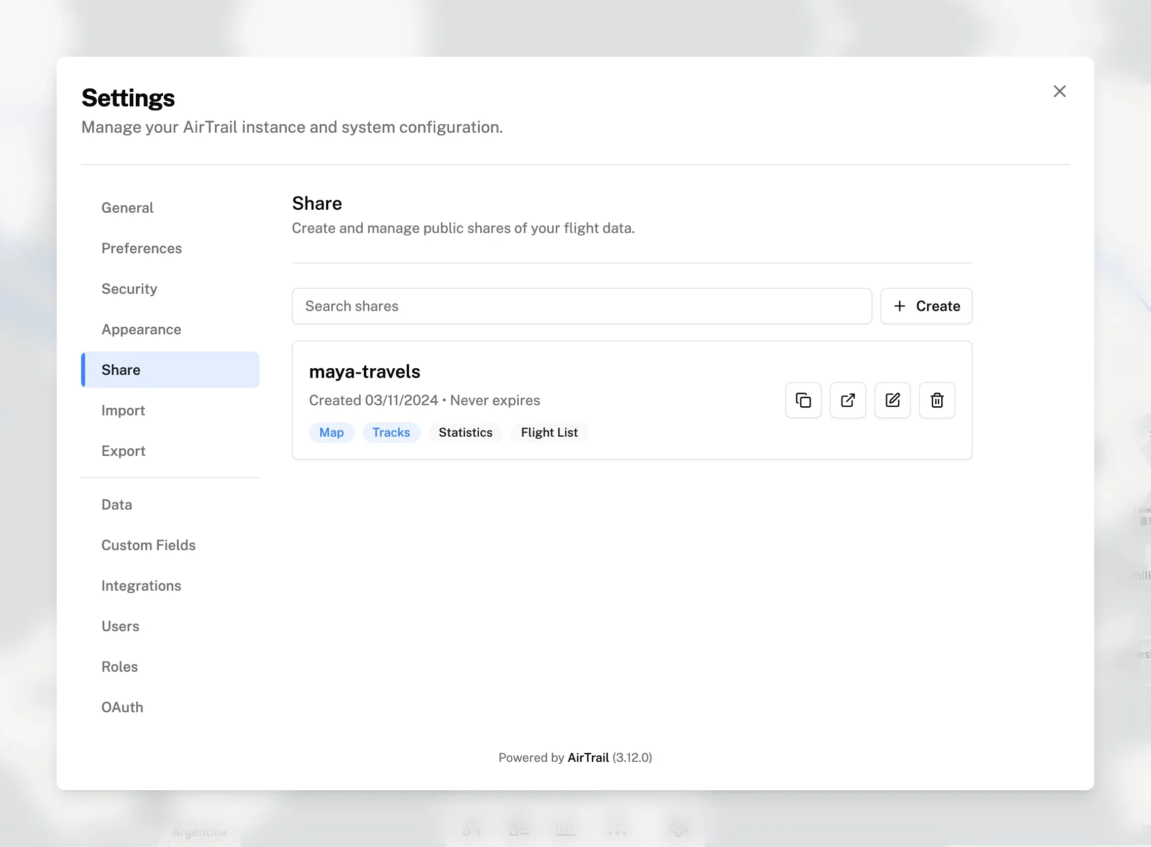 The Share settings page listing one share with its enabled content