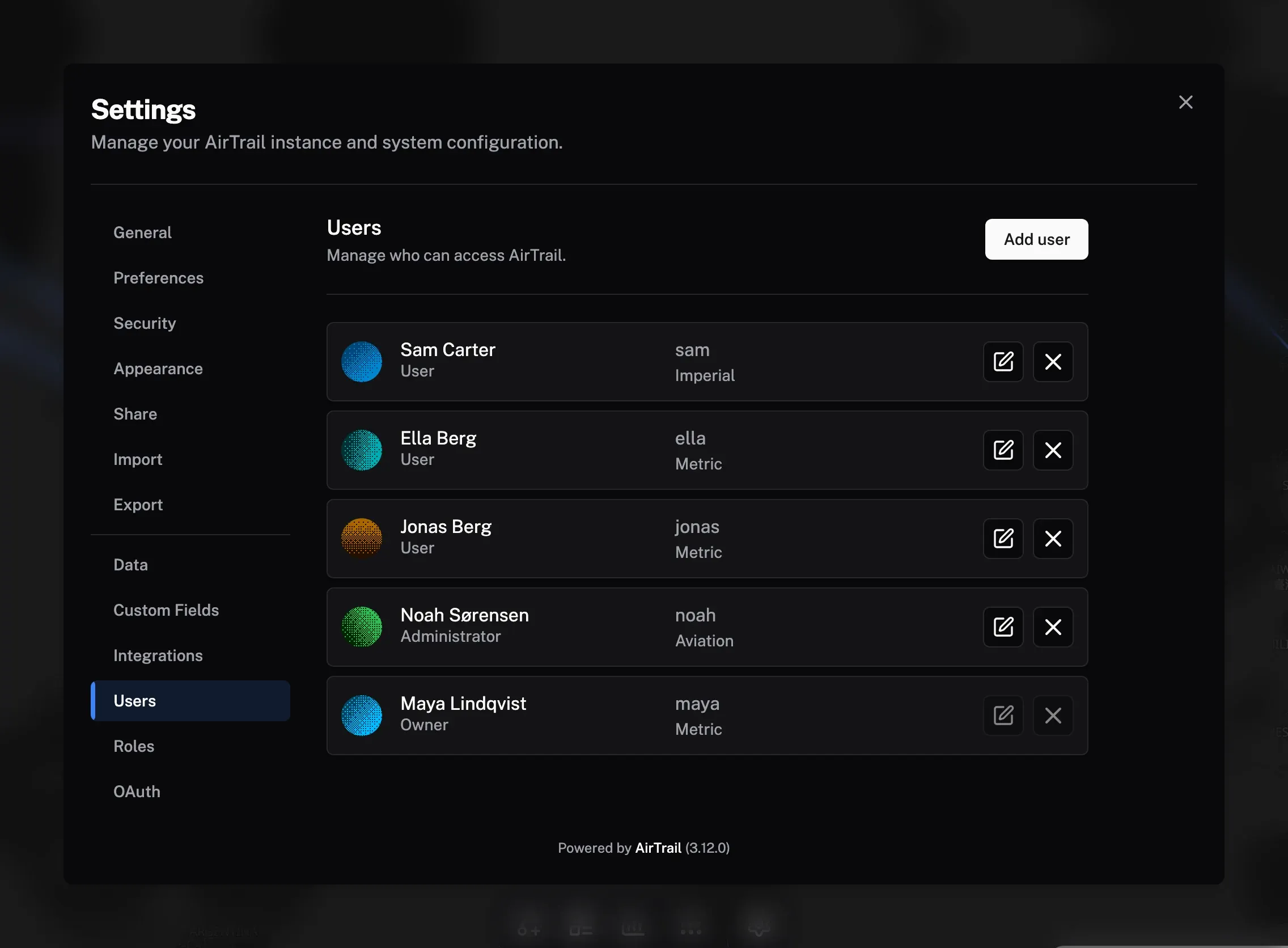 The Users settings listing the owner, an administrator and three users