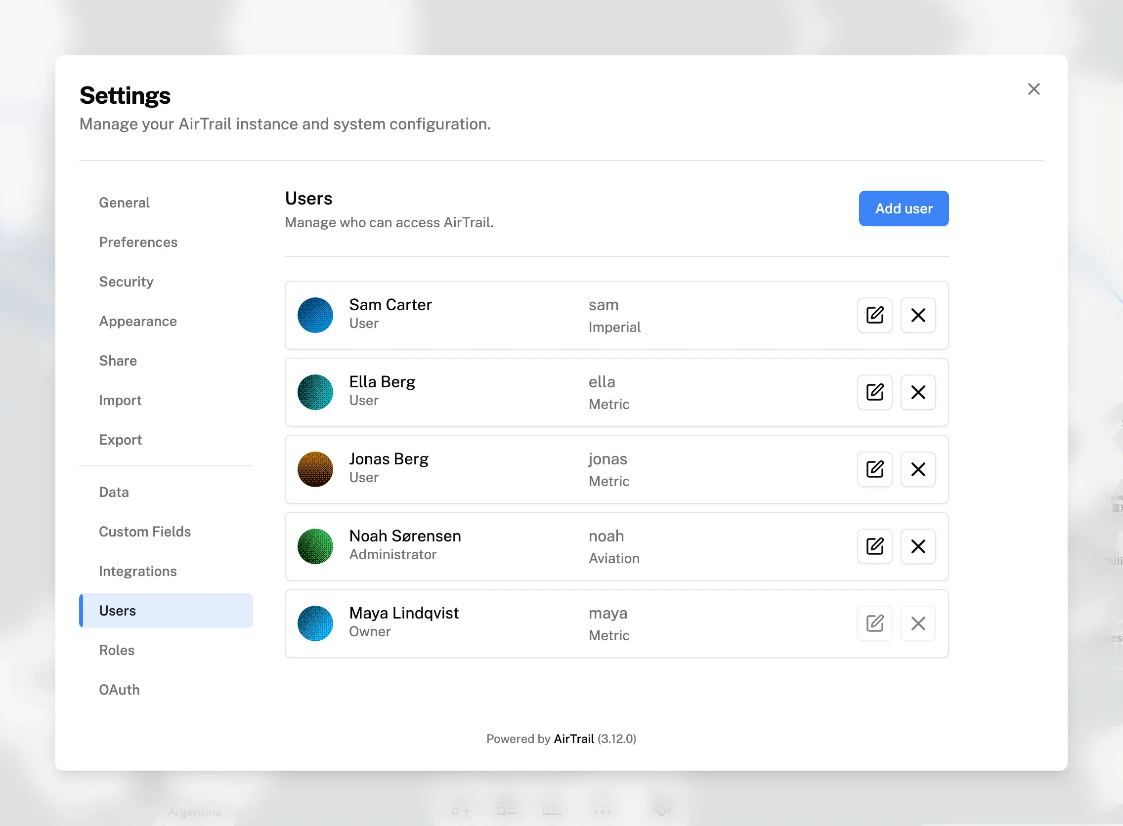 The Users settings listing the owner, an administrator and three users