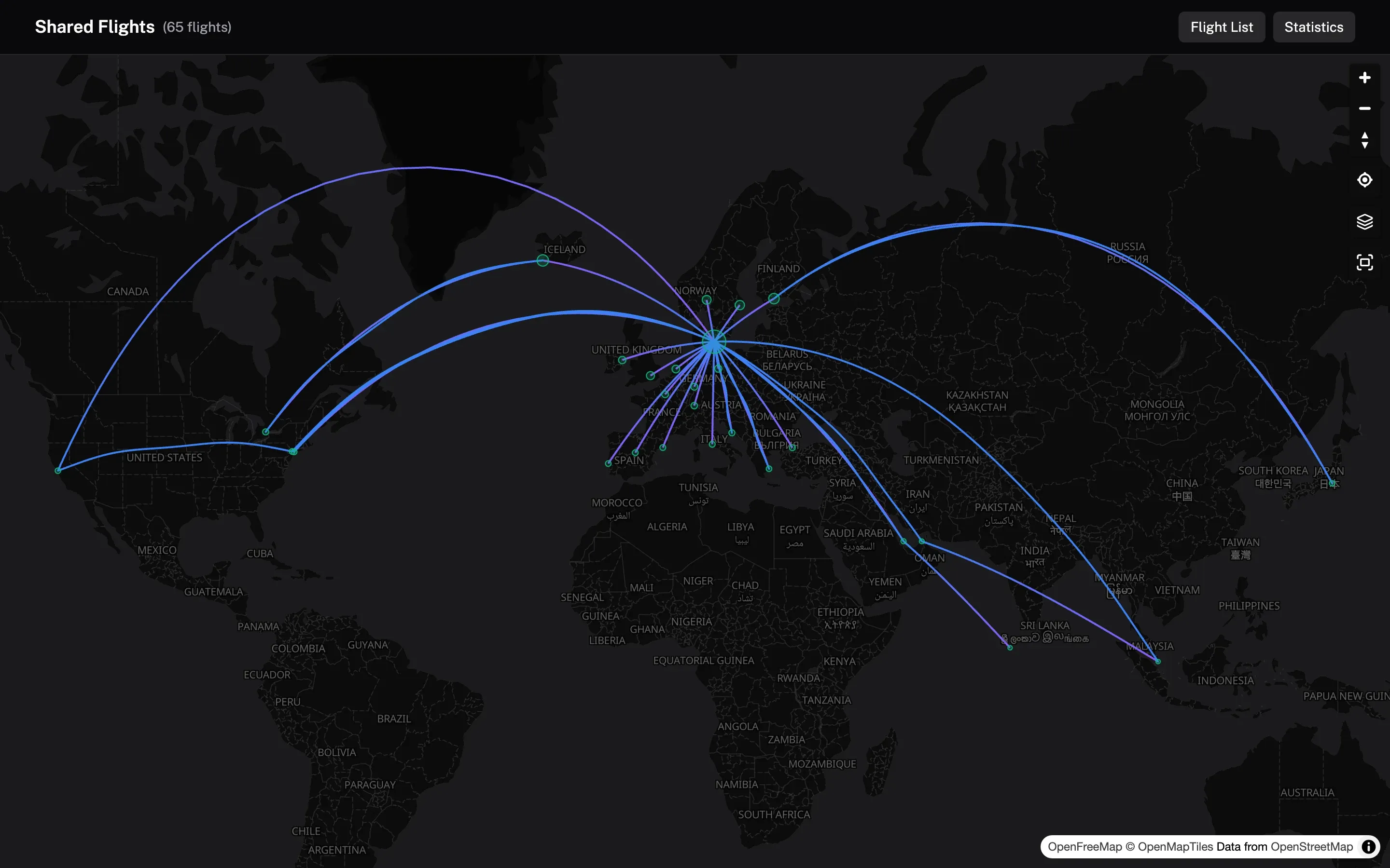 A public share showing flights on a map, with buttons for the flight list and statistics