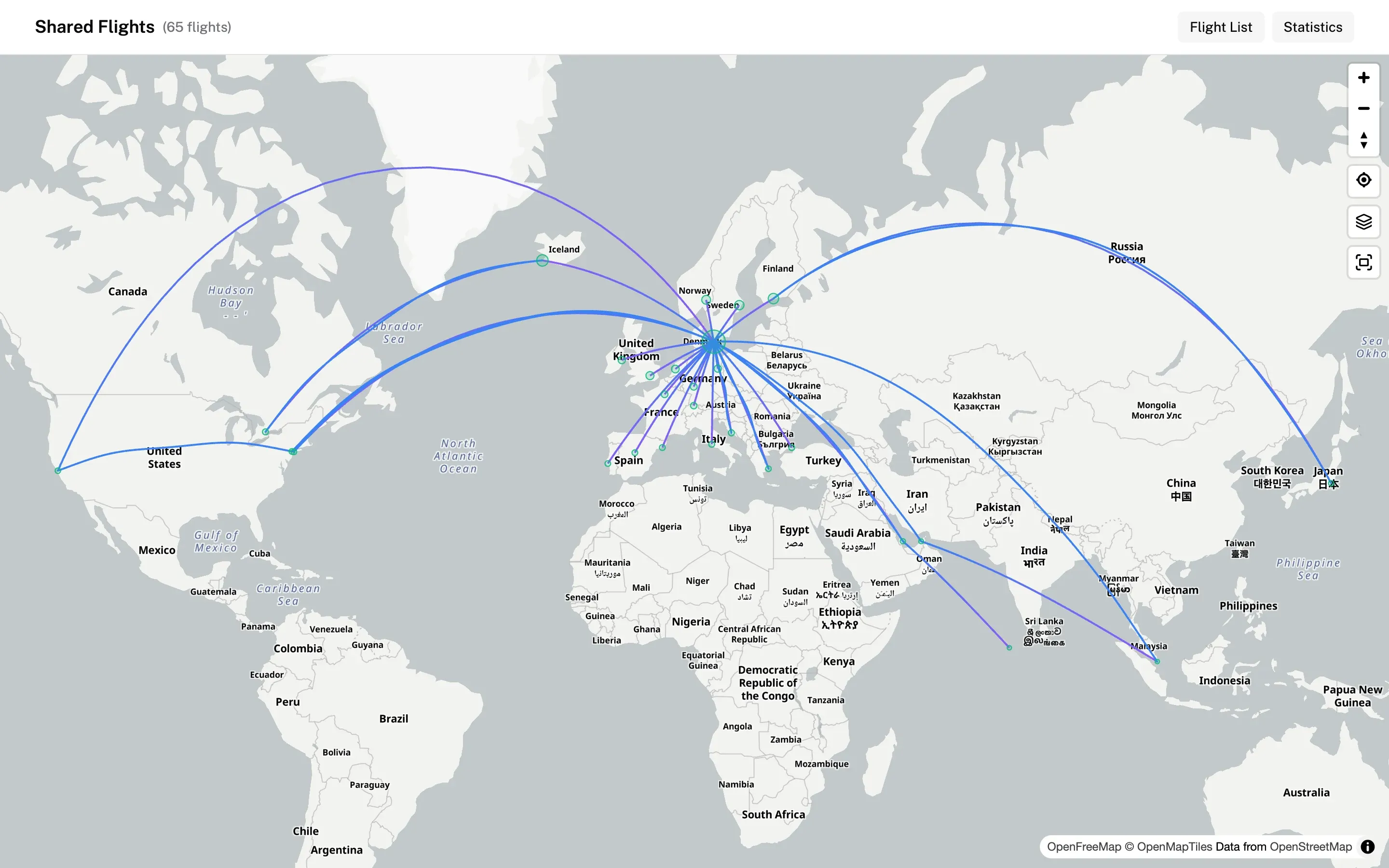 A public share showing flights on a map, with buttons for the flight list and statistics