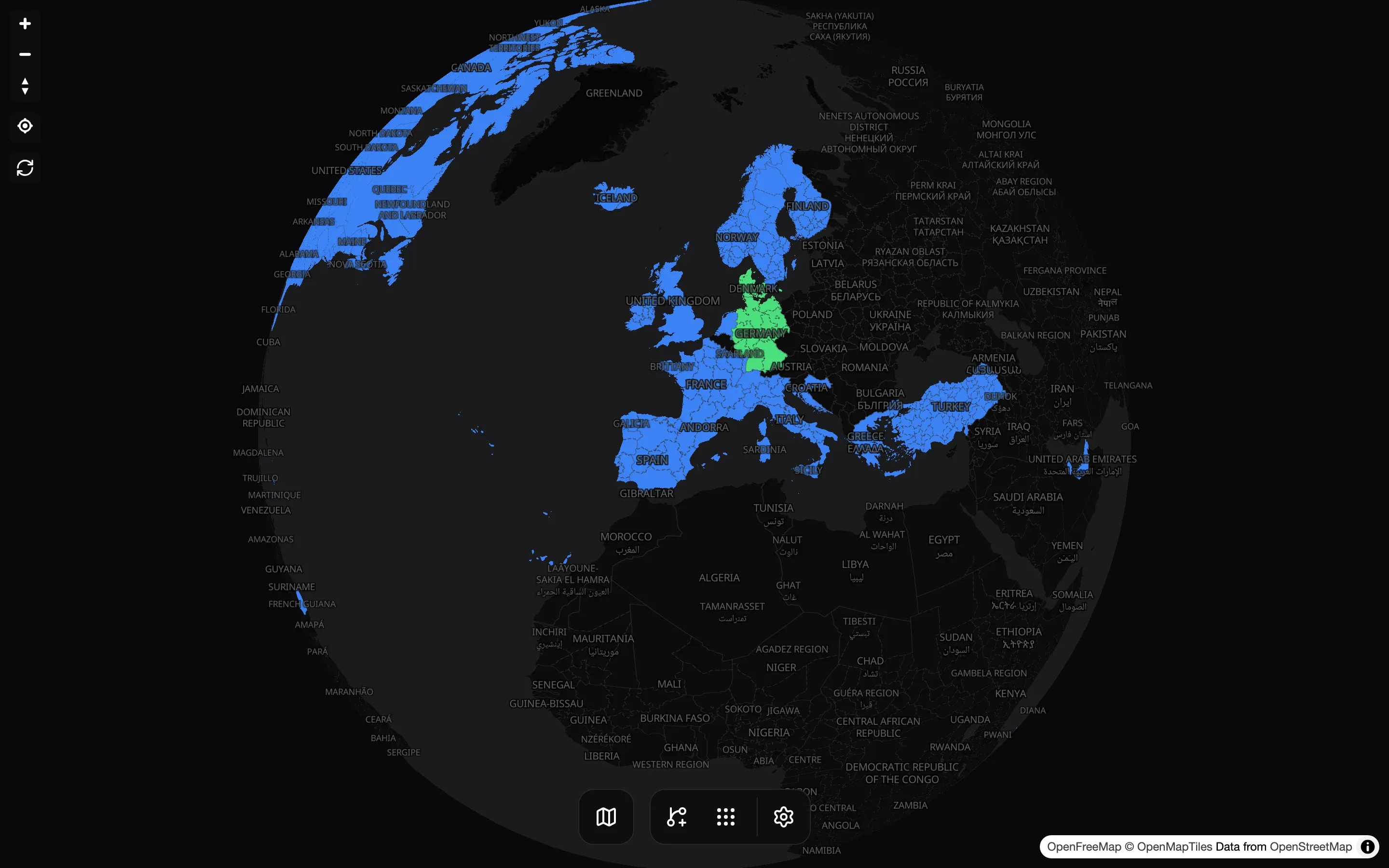 The visited countries map with countries colored by status