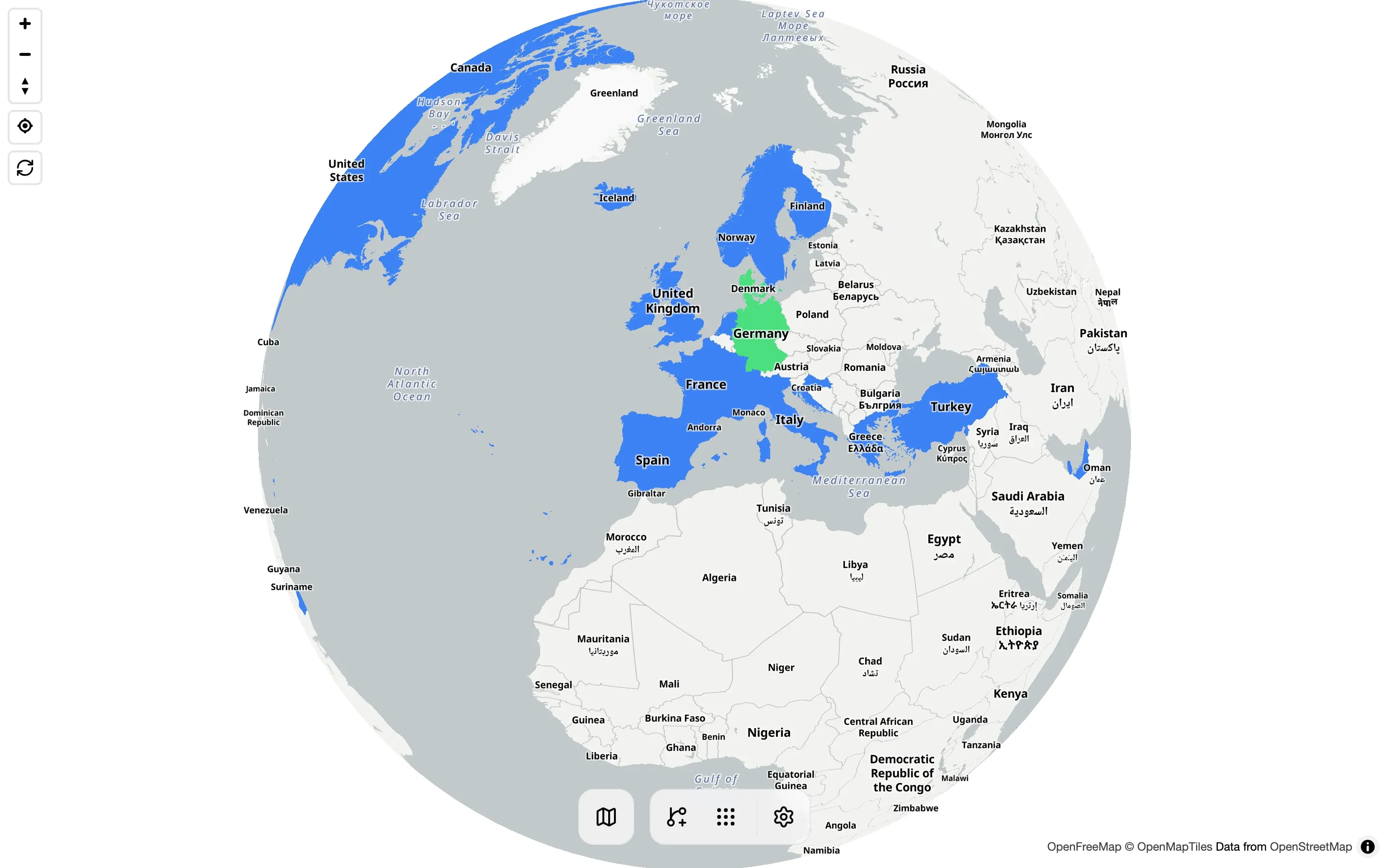 The visited countries map with countries colored by status
